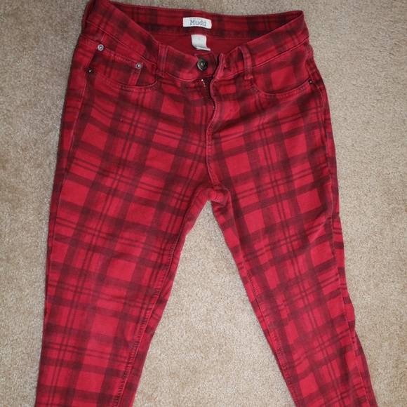 red plaid skinny jeans